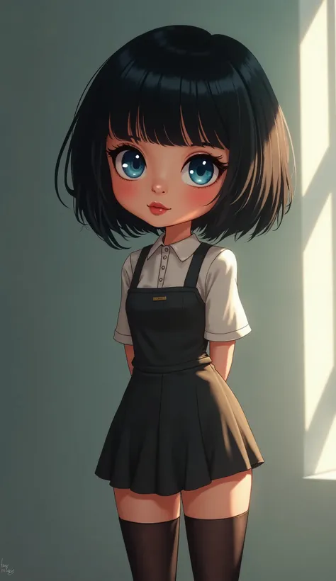 Create a cute and realistic image of a young woman with striking blue eyes and short black hair, styled with bangs that gently frame her face. She stands solo, with her arms positioned behind her back, exuding a sense of playful confidence. Her lips are sl...