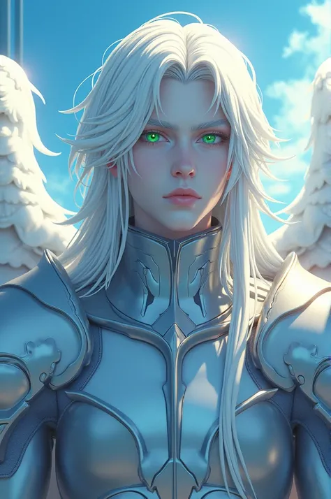 hyper very realistic 3d anime style angel male with blue skin color, green eyes, white long hair, radiant palette color, wearing silvery armor, heavenly colors landscape sky background, very render detailed, coll pose and serious face. The artwork showcase...