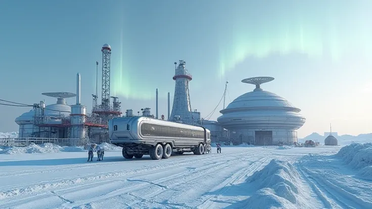 A futuristic, high-tech research station in the icy vastness of the Arctic Circle, where sleek radar domes and antennae scan the horizon for signs of activity, surrounded by a network of snow-covered refineries humming with machinery, futuristic trucks roa...