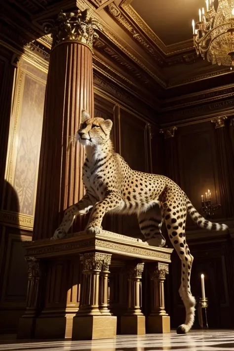 A cheetah, she is the size of a colossus, she is giant, her body is full of large hairs, the spots on her body are red, she has black eyes, she is in a castle, her head almost touches the ceiling, there is a very small throne behind her, the throne is gold...