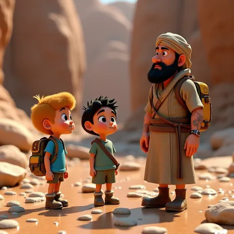 Crie uma cena de animação 3D no estilo Pixar com Leo, clara e Al-Khwarizmi  encontrando o número 2 em um rio com pedras.
 Names and ages : Leo (s), clara (s), Al-Khwarizmi  (40 years).
 Physical description : Leo tem cabelos castanhos,  black eyes , Blue s...