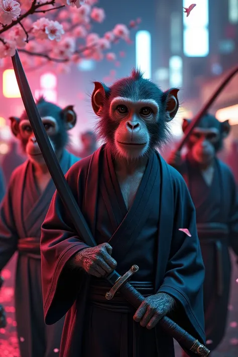 Monkeys with dragon tattoos, dressed in traditional kimono robes and sharp suits, holding katanas. They gather in a neon-lit Tokyo street with cherry blossoms floating around.