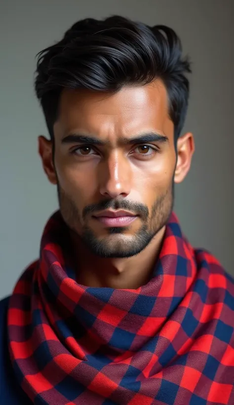 Indian hendsam men red blue checks handkerchief short neck style big forehead men no beard 