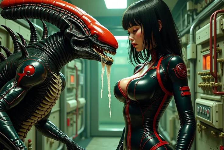 slender Japanese girl, wearing tight black leather space suit with red trim, watching a horny male xenomorph ejaculate, on the derelict space freighter Nostromo, small breasts, curvy firm ass, vulva outlined in her tight space suit, very erotic, xenomorph ...