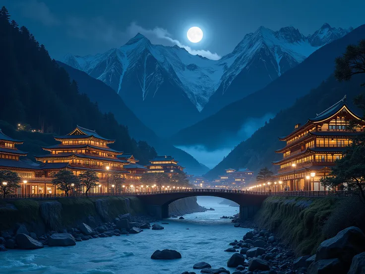 A majestic, moonlit scene viewed from a small, arched footbridge in historic Ginzan Onsen. The ornate ryokans rise up before you in breathtaking grandeur, their elaborate, radiant facades towering overhead. Warm lantern light and soft moonbeams dramaticall...