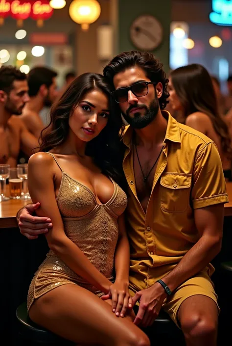 Ultra wide angle shot from distance: A handsome, muscular man (30 years old) with black hair and brown shades, trimmed beard, and athletic physique sits beside a stunning French girl (24 years old) in farce party night . The girl wears a glamorous golden d...