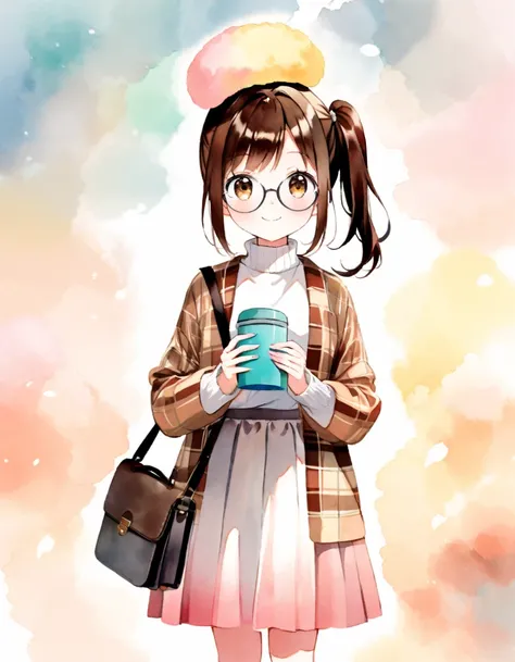 (ultra detailed:0.7), cover image, (soft pastel tones, watercolor, (bright color:1.3), transparent, gradation, harmonious and calm atmosphere:1.1),
1girl, , Elementary school girl, brown hair, big eyes, black eyes, side ponytail, smile, blushful, cute, kaw...