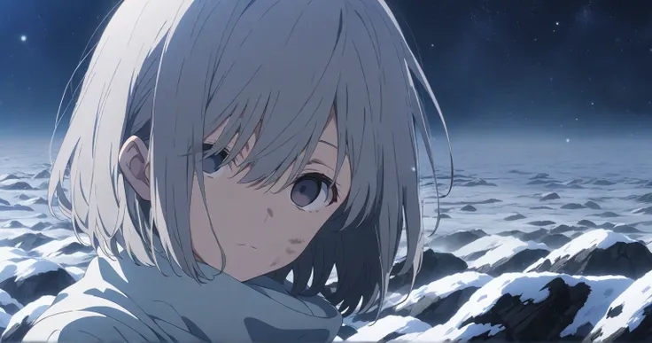 Snowy fields at night　 starry sky 　 with gray hair Bob 　 one eye is hidden　 tattered and dirty white clothes　Person Distant 　 scenery main 　Anime anime keyvisual,　empty eyes, closed mouth,