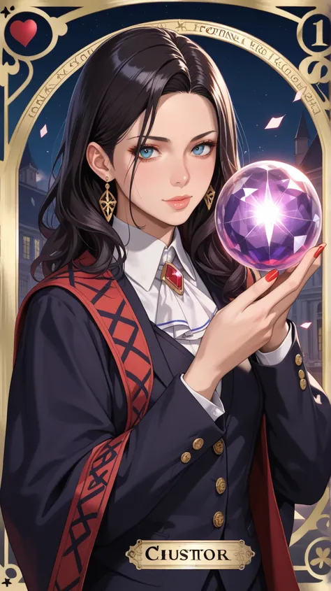 Young woman,Saeki Kaori, classmate, occult enthusiast, mysterious, black magic, fortune teller, long black hair, fashionable and unique, dark attire, mysterious atmosphere, magical props (e.g., tarot cards, crystal balls), ritualistic vibe, confident expre...