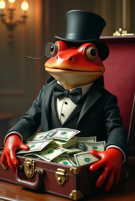 Create me a red frog with elegant clothes that opens a suitcase with lots of dollars 