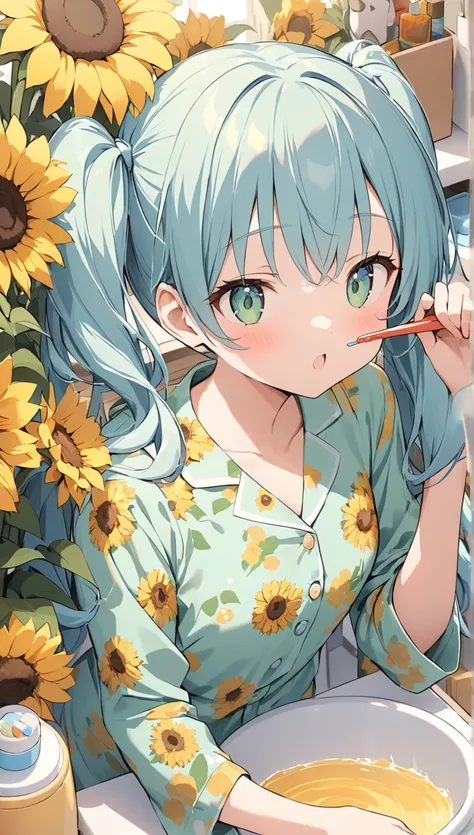 dentifrice　Prepare a toothbrush　 Light Blue Long Hair　 cute girl with twin tails 　 has just woken up 　 bright , Sunny wash basin　Green floral pajamas、Many marigolds and sunflowers are on display..　