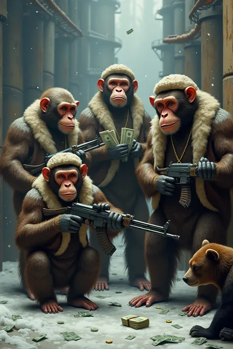 Muscular monkeys wearing fur coats and ushankas, drinking vodka and counting stacks of money in a snowy warehouse. Some are holding AK-47s, and there’s a pet bear in the corner.