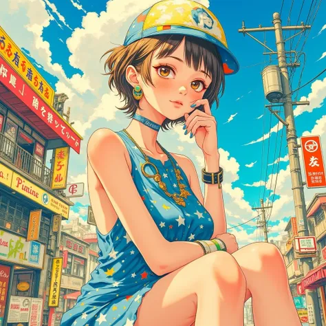 masterpiece、blue nail polish , beautiful hands,  boyish woman  （  short hair）、 Backless Dress 、 look down, Thats an embarrassing expression  、((  has red cheeks ))、 Shooting from an angle, wide shot,Hand-drawn illustration, Strong color ,   stylish anime 