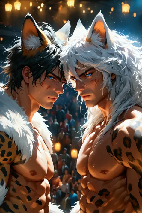 (((masterpiece))), (8k), (pseudo realism), (intricate details), (full body focus), (full body photo), (view from above), 2male, HD painted style, 8k, high-definition, very realistic, hyper-realism, a muscular human male with fox ears and fox tail and long ...