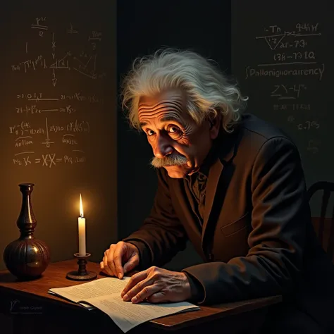 A medieval-style painting of Albert Einstein in a dark study, his face lit by a flickering candle. He looks intense and mysterious, with cryptic mathematical equations glowing faintly around him and shadows creeping along the walls.