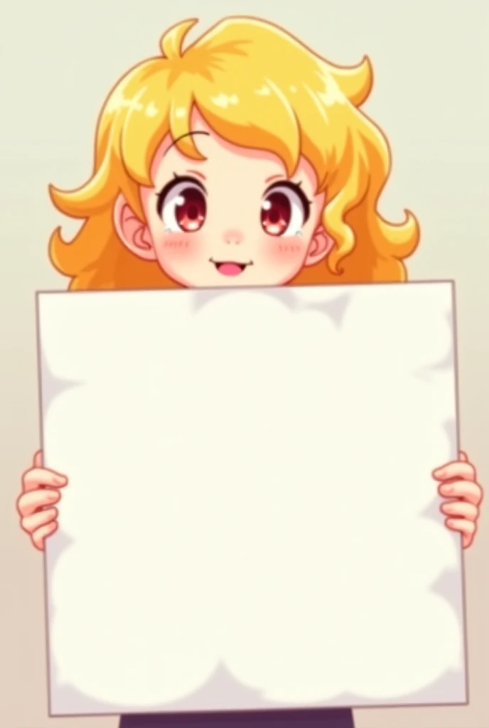 curly blonde anime girl with big White paper in hands