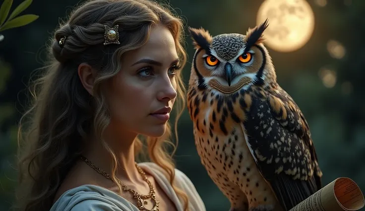 The Owl and Wisdom: A close-up of Athena’s serene face, partially illuminated by moonlight, as a regal owl perches on her shoulder. The owl’s piercing gaze mirrors her wisdom, with glowing eyes that seem to hold ancient secrets. A scroll and olive branch l...