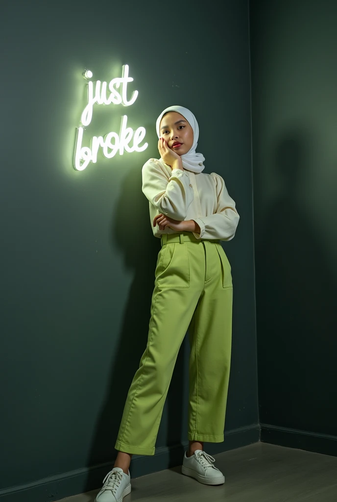  professional full body portrait of a beautiful 20 year old girl with a face Sundanese and Korea,  using a white hijab emits a heart-warming aura ,  outfits beautiful lime blouse with the shape of puffy sleeves ,  lime trouser pants fashionable, no make up...