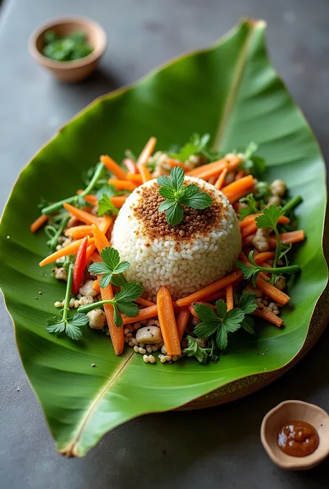 A beautifully arranged plate of Khao Yam served on a banana leaf, with Budu sauce drizzled artistically.