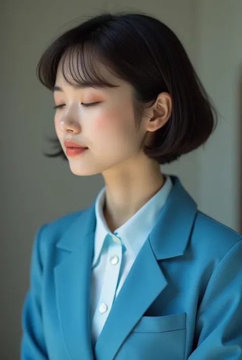 The image of Katun, a woman with short hair, with cool upper body, wearing a blue nettie suit, closed eyes, sweet face, has a miracle in itself that can make a person happy and comfortable if heard and met.