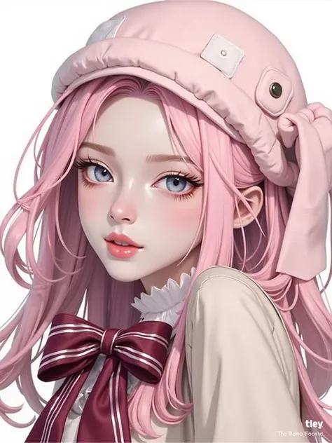 pink haired, Purple Eyes,  has big boobs and plump lips, like realistic 