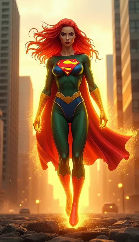 A fierce hybrid combining the telekinetic prowess of Marvel Girl and the invincible strength of Superwoman stands in the same realistic metropolitan cityscape at dawn. The figure has fiery red hair glowing faintly with psychic energy, paired with a costume...