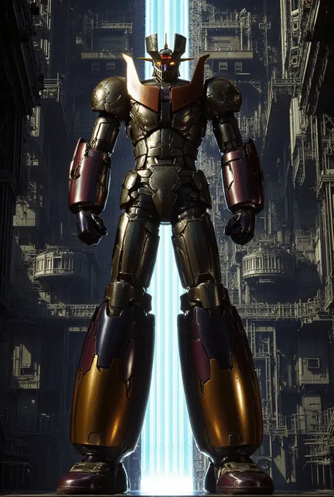 A very realistic giant version of Mazinger Z ,  standing 100 meters high in a forward position.  reactor equipment production line constructed with modern materials such as steel ,  Carbon Fiber ,  other industrial elements are also visible ,  just like th...