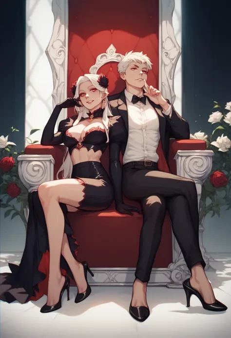 white-haired, red-eyed man wearing a white long-sleeved shirt and black pants sat on a throne.There was a two women , wearing stockings, and high heels, sitting on his left lap.at night anime