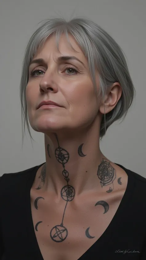 Several tattoos of Wicca symbols and witchcraft on a realistic short gray-haired womans neck 