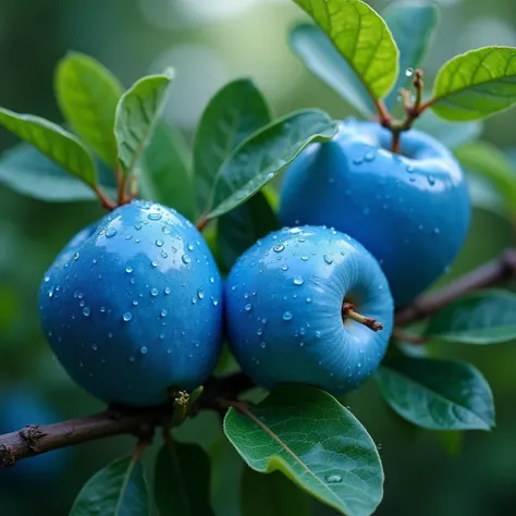 Real photography, showing three bright blue apples growing on a branch, covered with crystal water droplets. The color of the apples is very unique, dark blue, and the leaves are green, which makes them particularly vivid. There is soft light shining on th...