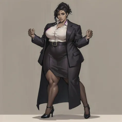 a cartoon of a woman in a business suit and heels, full body character portrait, character full body portrait, plus size woman, full-body character portrait, highly detailed character design, realistic character concept art, character posing for concept ar...