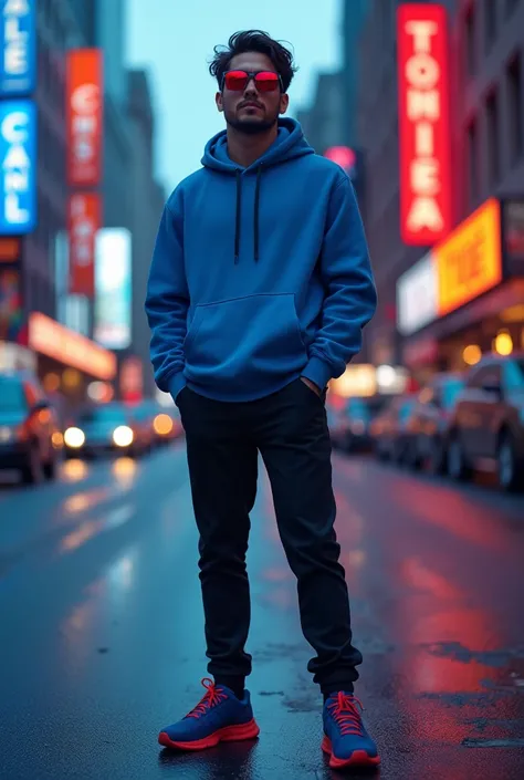 Where is the blue hoodie guy, Make another movie poster again call advance Livestream begins, But put a guy wear blue and red hair blue and red sunglasses blue hoodie black pants and blue and red shoes, Show me