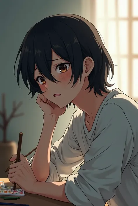 Show anime putting down his brush, his black hair falling over his forehead as he leans back, his dark brown eyes filled with frustration and sadness.