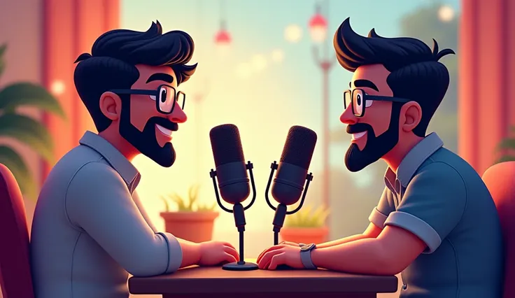 Genrate  two male cartoon character sitting opposite to each other sitting for podcast with a very attractive background having black beards and black hair and wearing square shape spectacles 