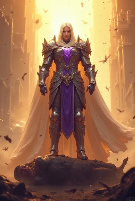 A hero in purple-white armor triumphs over an enemy threat, As golden light floods the battlefield .