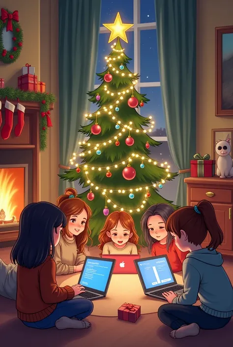 Girls near the Christmas tree with computers