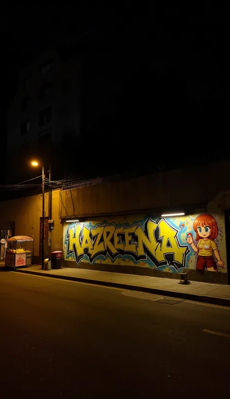 "A dark urban street scene at night featuring a brightly lit graffiti mural on a concrete wall. The mural prominently displays the word HAZREENA in bold, colorful graffiti style, surrounded by abstract designs. To the right of the mural, there is an anime-...