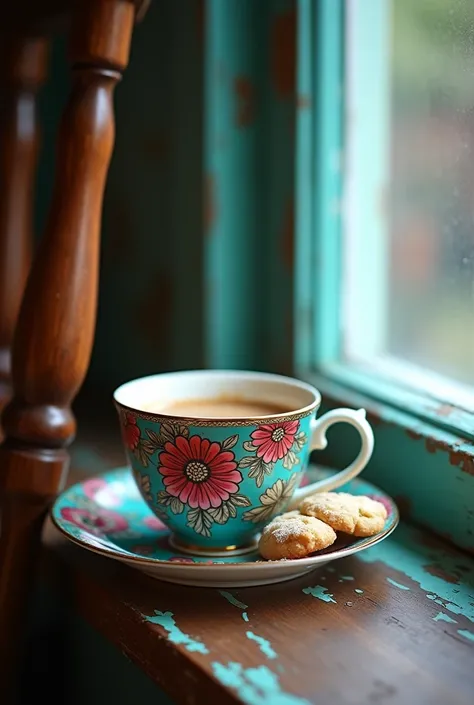 The image features a still life photograph of a coffee cup and saucer on a rustic wooden chair by the window. The cup, filled with a dark, rich coffee with turmeric-ochre foam, is adorned with a vibrant Indian pattern that has turquoise as its base color w...