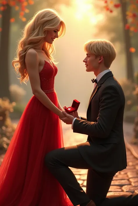  Blonde woman ,  dressed in red . a blond man,  tucked into one knee holding a velvet box with a wedding ring, proposing to the girl .