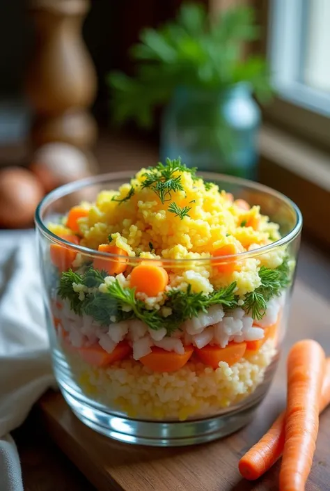 Create an appetising and aesthetically pleasing image of the classic Mimosa salad presented on a beautiful transparent salad bowl. The salad should be multi-layered and look fresh and attractive. On the top layer - grated egg yolks, giving a ‘mimosa’ effec...