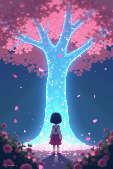 Hana’s Discovery: A young girl, Hana, dressed in simple village attire, stands in awe before the glowing cherry tree. Her expression is a mix of wonder and curiosity as petals gently drift around her.