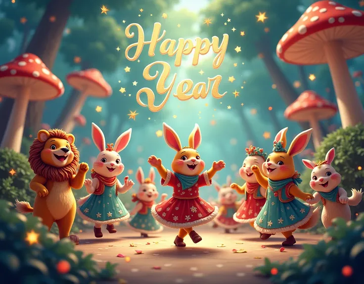 All animal in fantasy adventure land celebrate happy new year party and dance among them self animated 