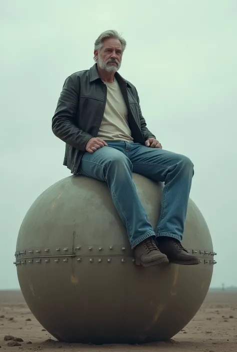 Man wearing jeans sitting on top of ball