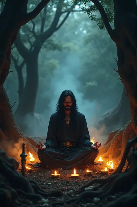 One indian tantrik doing black magic in forest