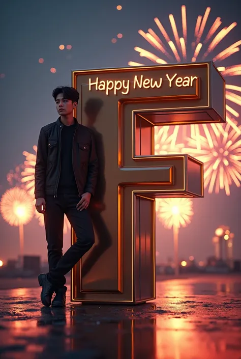 “An ultra-realistic 3D letter ‘F’ in metallic texture, with an 18-year-old boy casually leaning against it, wearing a modern outfit, surrounded by a night sky full of vibrant fireworks, and ‘Happy New Year ‘ written in glowing golden text in the air.”