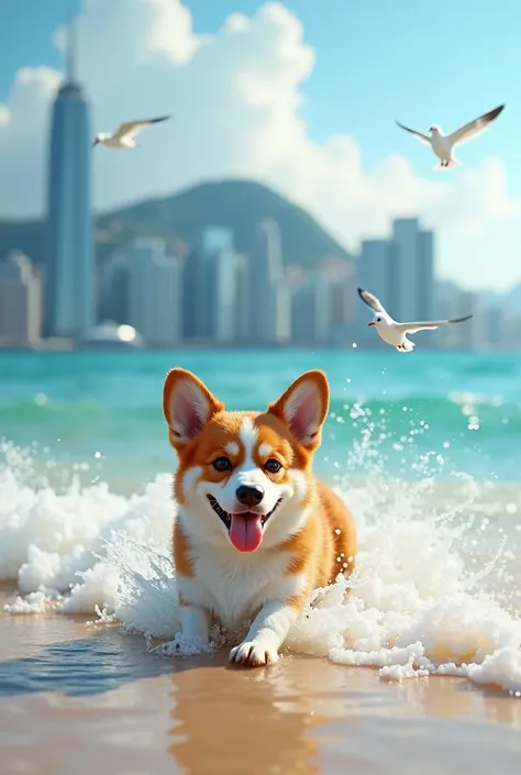 Small corgi play water on the sea at hong kong 