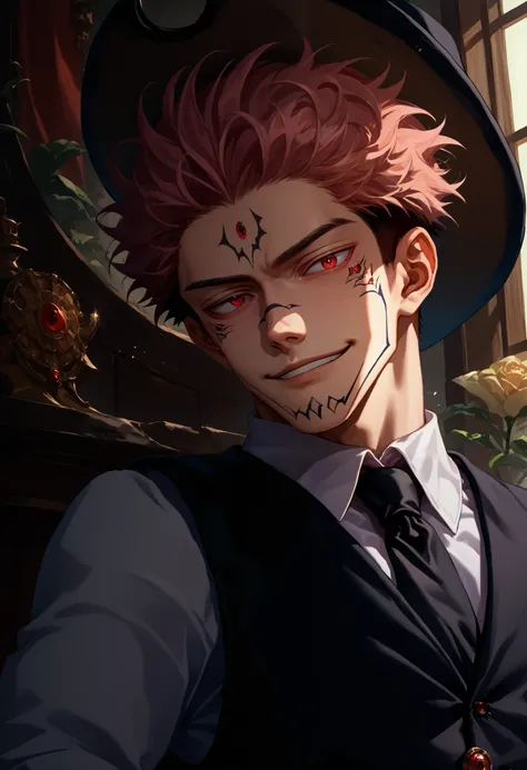 source_anime, solo, male focus, 1boy, ryomen sukuna, facial tattoo, extra eyes, smirk, looking at viewer, 1 man,looking_at_screen, masterpiece, best quality, solo,wearing black trousers, white shirt and victorian classic black vest ,black tie,black cowboy ...