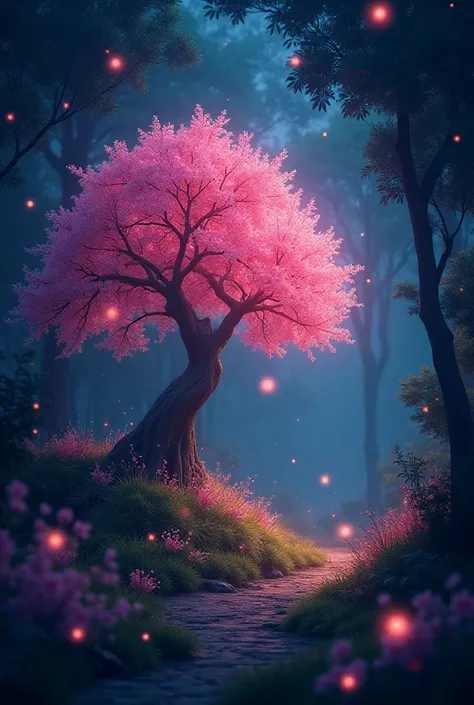 Nighttime Magic: The forest under a starlit sky, with the cherry tree glowing more brightly, casting a warm, inviting light. Fireflies dance around, enhancing the magical feel.