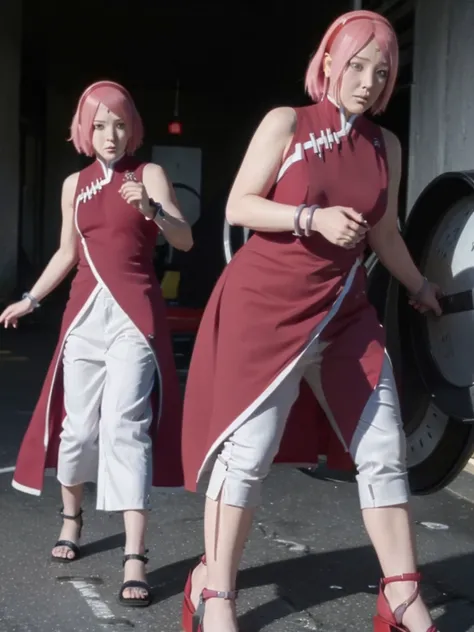 ((((Fat)))) haruno sakura, red sleeveless dress, white pants, bracelets, forehead mark, red hairband, uchiha crest