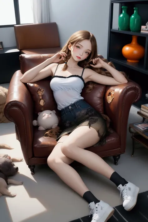 beautiful young woman at living room, sitting on sofa, (+forehead, wavy hair, long hair, low double braids, brown hair), mixed between black strapless long camisole and white tank top, dark-blue denim pencil mini skirt, black socks, white platform sneakers...